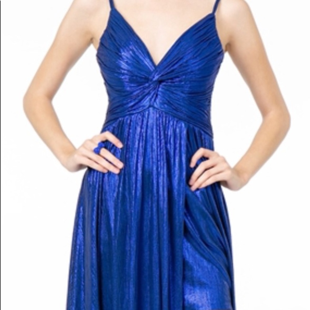 Pleated Bodice Metalic Lame Long Dress
